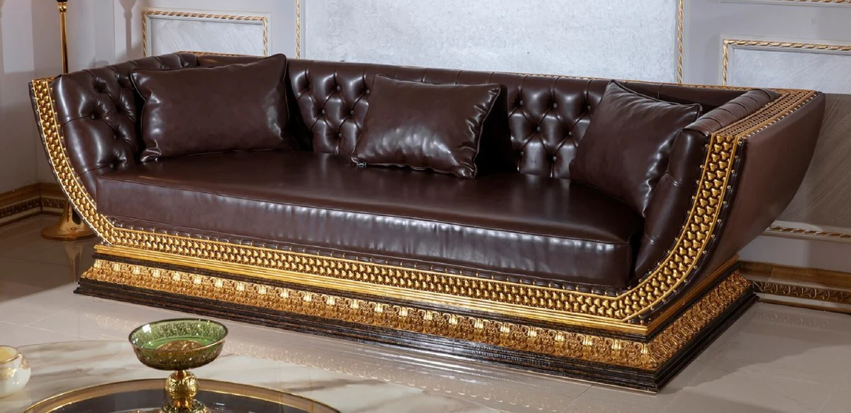 Luxury Baroque Chesterfield Sofa Dark Brown / Gold - Magnificent living room sofa with elegant faux leather - Baroque Chesterfield living room furniture