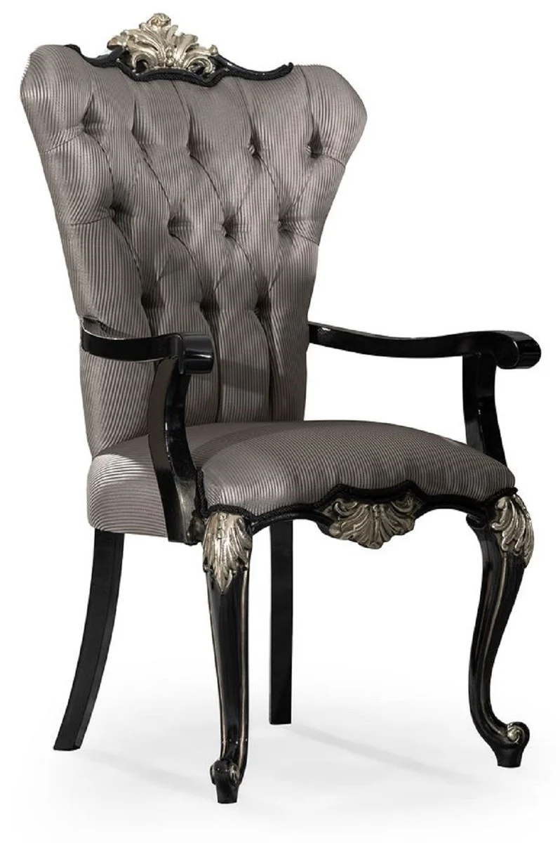 Luxury Baroque Dining Room Chair with Armrests Silver / Black / Silver - Magnificent Baroque Style Kitchen Chair - Luxury Dining Room Furniture in Baroque Style - Baroque Furniture - Noble & Magnificent