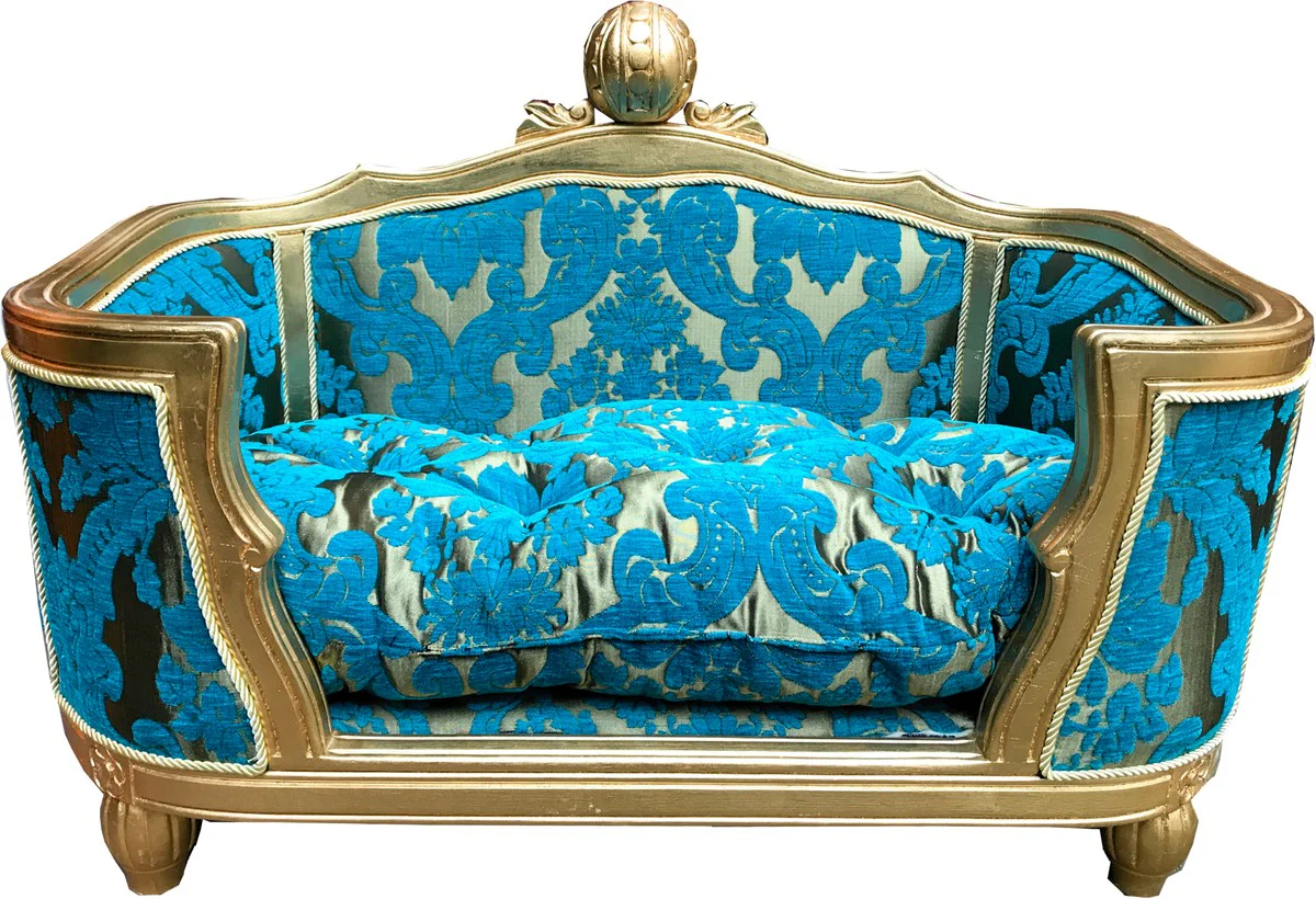 Pompöös by Luxury Baroque Dog & Cat Bed Deluxe Turquoise Bouquet Pattern / Gold by Harald Glööckler