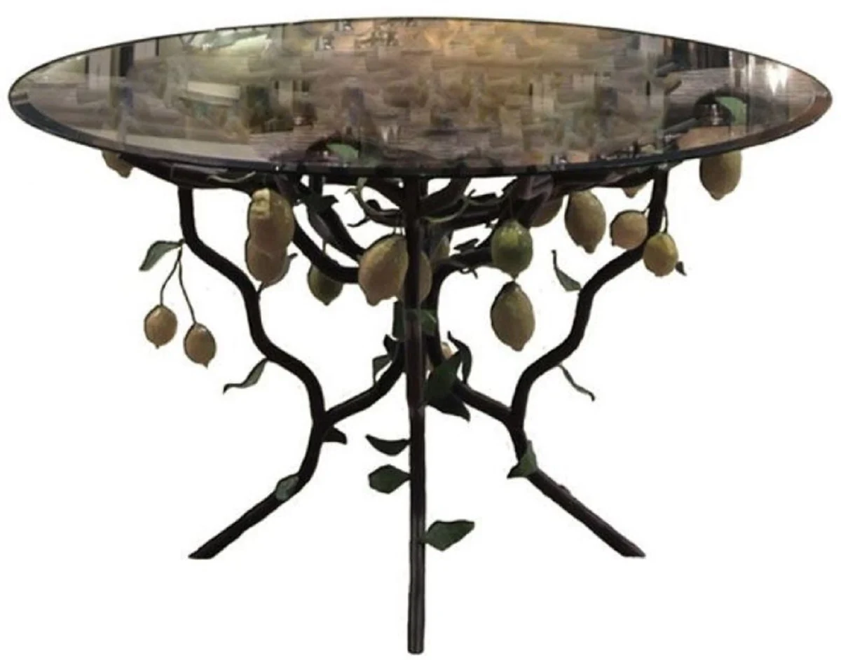 Luxury dining table black / yellow / green Ø 120 x H. 75 cm - hand-forged wrought iron table with glass top and lemon bush frame - dining room garden patio furniture