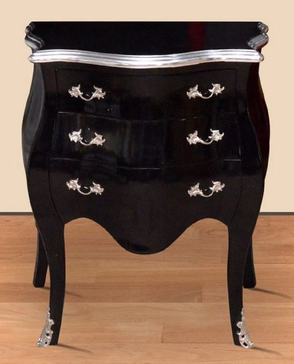 Baroque night dresser black / silver - Handcrafted solid wood chest of drawers in baroque style - Antique style bedside table with 3 drawers - Baroque furniture