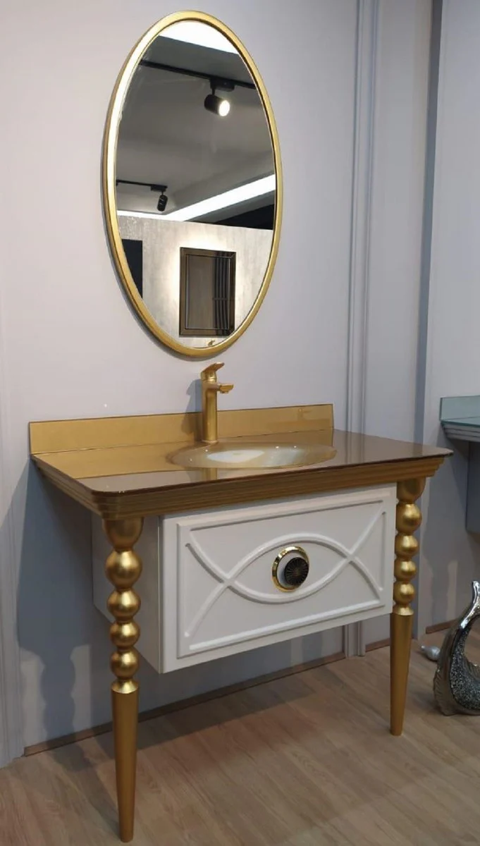 Baroque bathroom set white / gold - 1 vanity unit with glass sink & 1 wall mirror - bathroom furniture in baroque style