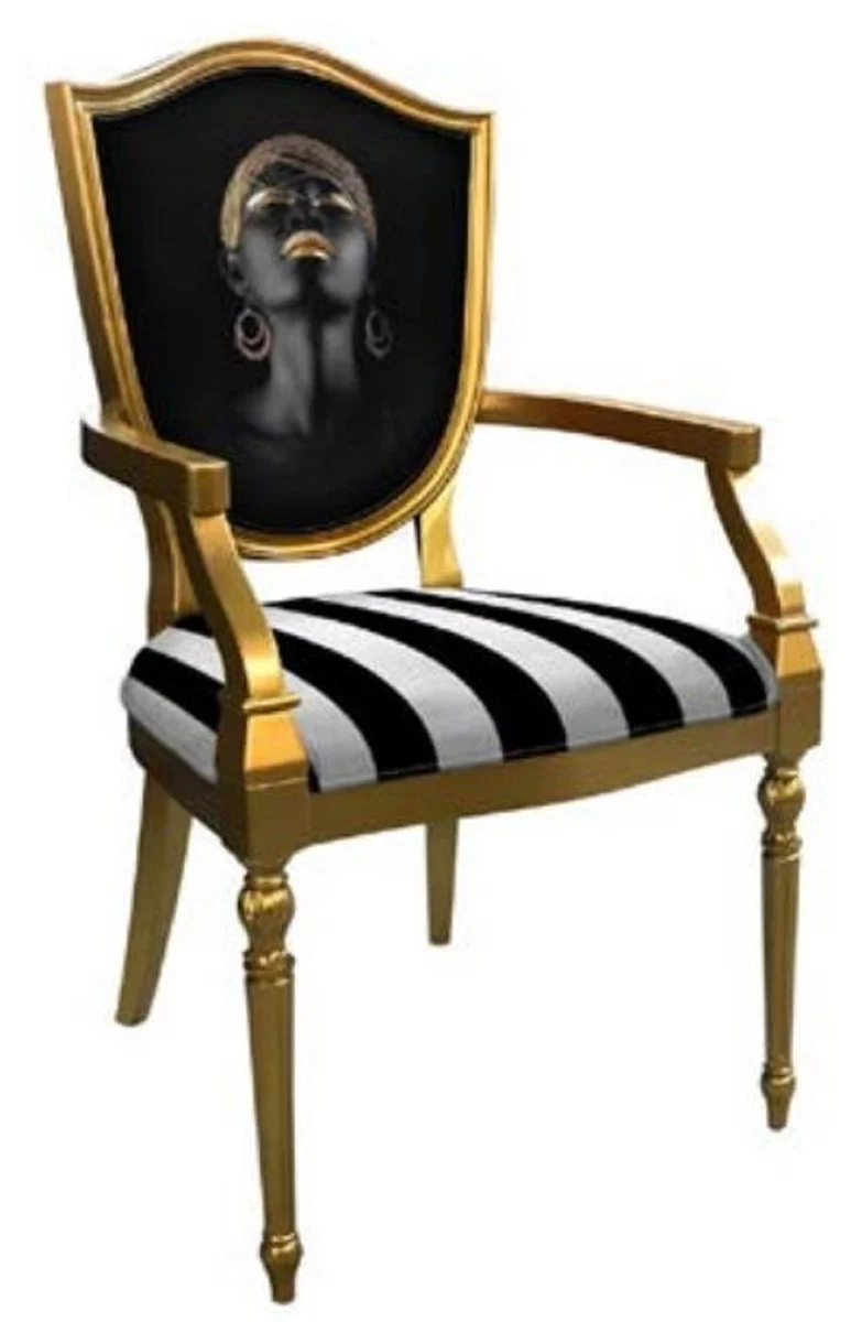 Art Deco dining room chair with armrests black / silver / gold - striped solid wood chair with elegant design - Art Deco dining room furniture