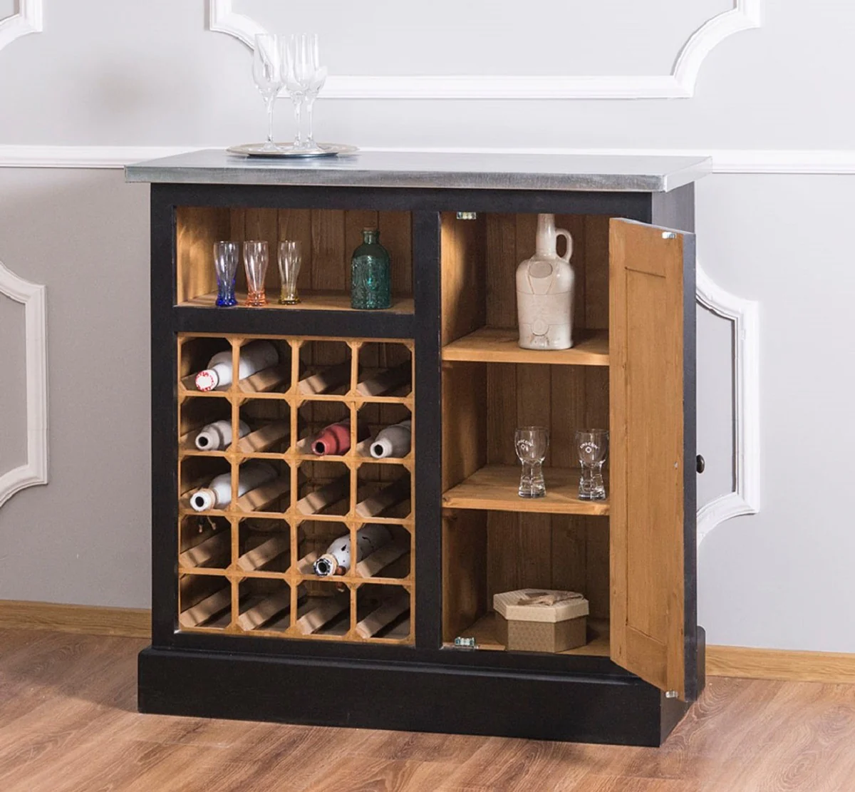 Country house style wine cabinet black / natural / silver 90 x 41 x H. 90 cm - wine cabinet with door and galvanized plate