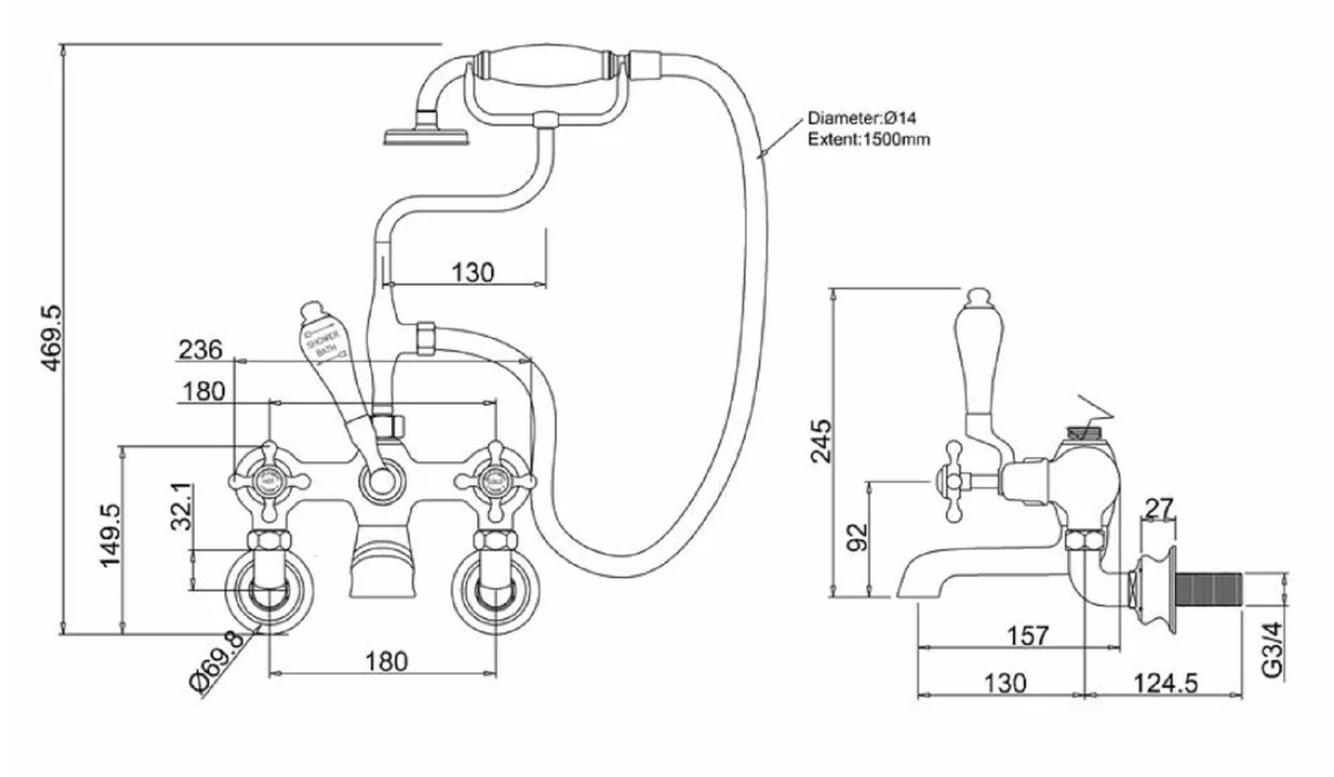 Luxury Art Nouveau surface-mounted bathtub mixer silver / cream H. 46.95 cm - Nostalgic brass bathtub mixer with hand shower - Nostalgic bathroom accessories