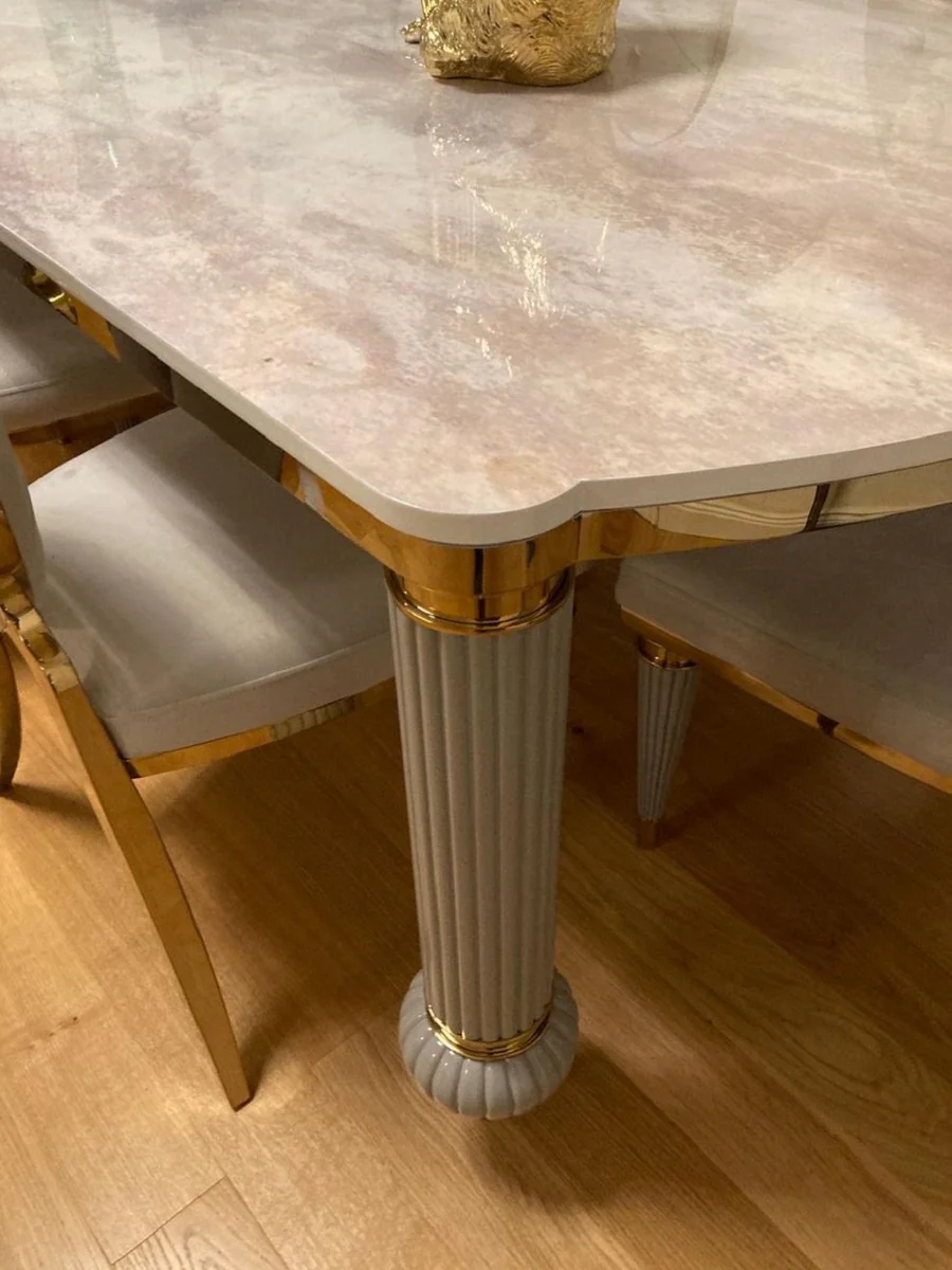 Luxury Art Deco dining room set white / gray / gold - 1 Art Deco dining table with artificial marble table top & 8 Art Deco dining room chairs - Magnificent Art Deco dining room furniture - luxury quality