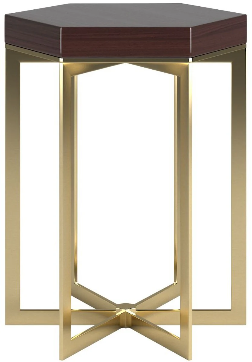 Luxus Art Deco Wohnzimmer Set Beige / Dunkelbraun Hochglanz / Gold - 2 Sofas & 2 Sessel & 1 Couchtisch & 2 Beistelltische - Edle Wohnzimmer Möbel - Luxus Qualität