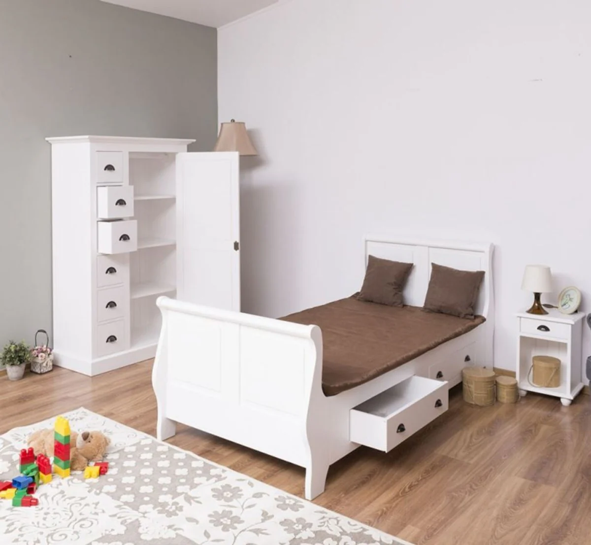 Country house style solid wood children's room furniture set white - 1 single bed & 1 wardrobe & 1 bedside table - country house style furniture