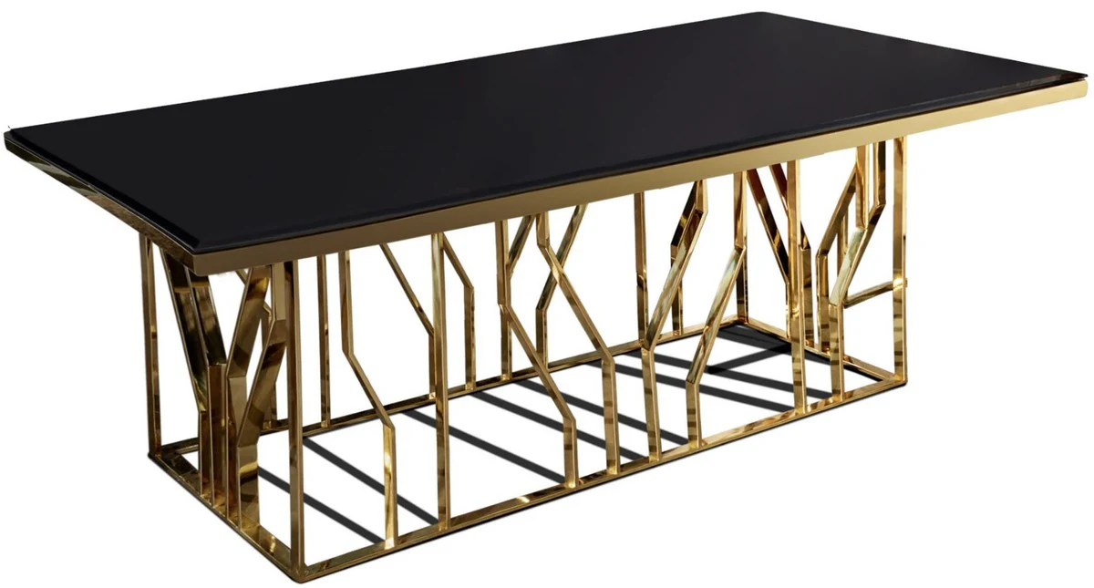 Luxury dining table gold / black 200 x 100 x H. 77 cm - Rectangular stainless steel kitchen table with glass top - Luxury dining room furniture