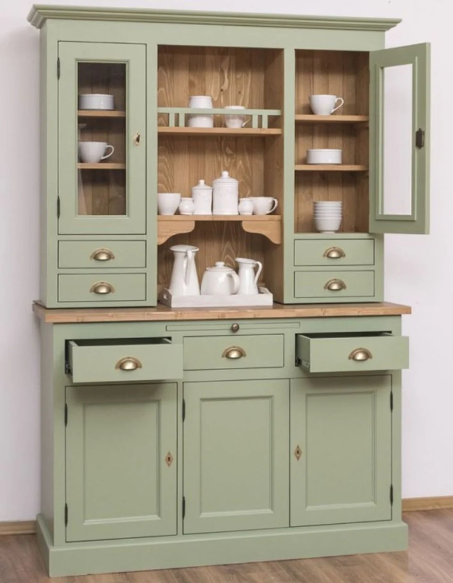 Country house style kitchen cabinet green / brown 137 x 50 x H. 197 cm - 2-part kitchen cabinet with 5 doors and 7 drawers - country house style kitchen furniture