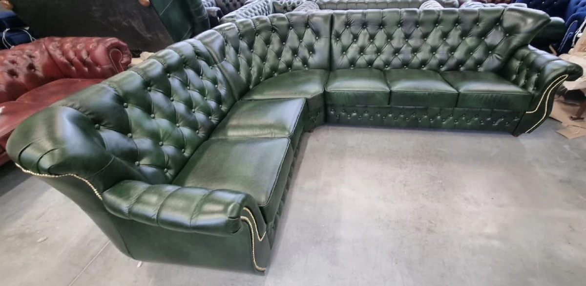Luxury Chesterfield leather corner sofa vintage green 290 x 240 x H. 80 cm - Real leather living room sofa - Living room furniture - Chesterfield furniture - Luxury furniture - Luxury living room furnishings