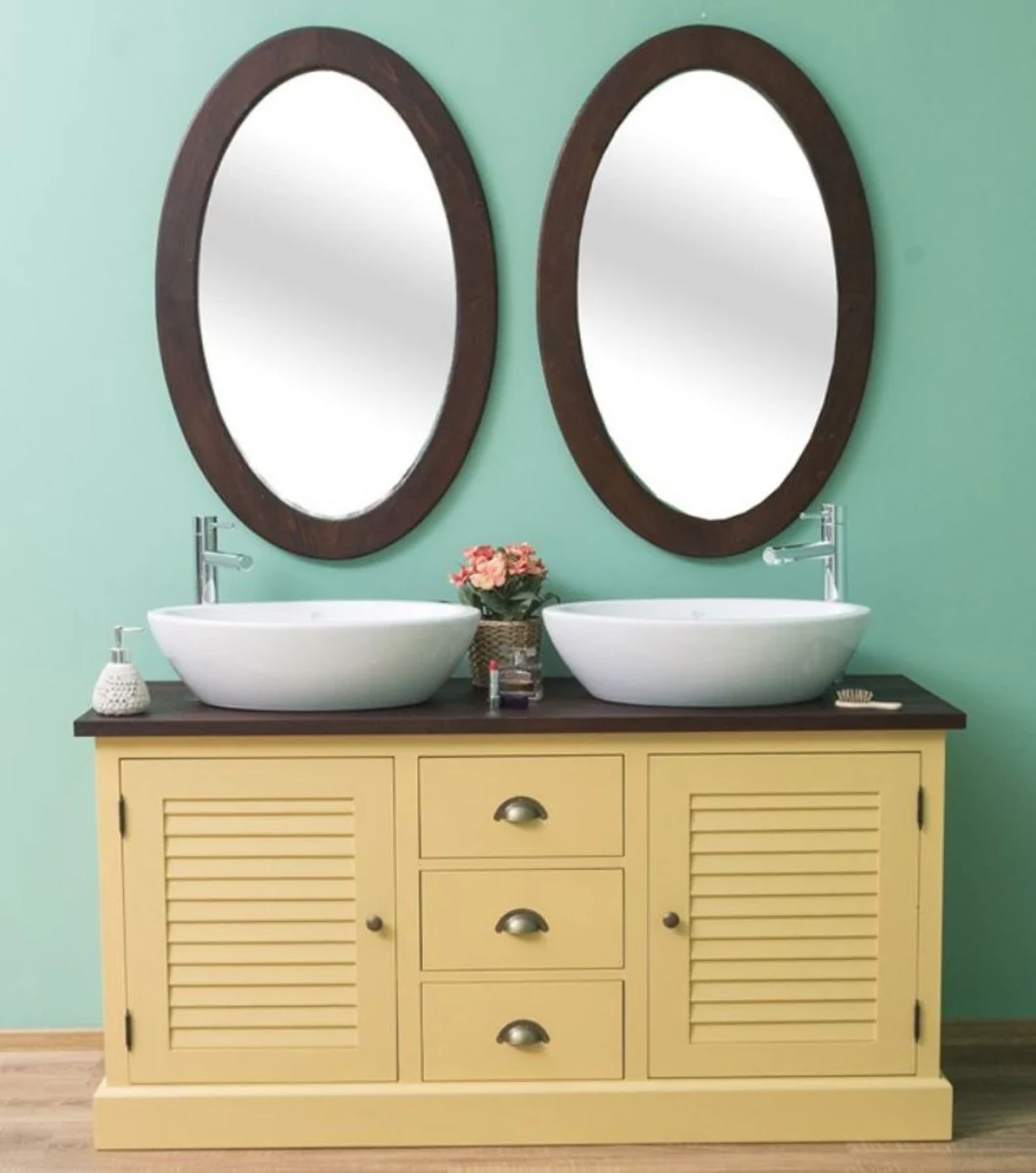 Country house style bathroom set yellow / dark brown - 1 double washbasin & 2 wall mirrors - solid wood bathroom furniture in country house style
