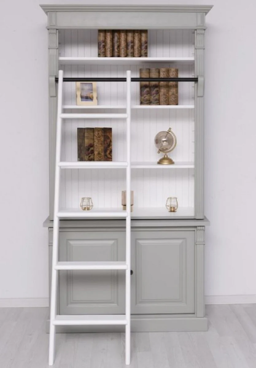 Country house style bookcase with ladder gray / white 120 x 51 x H. 228 cm - solid wood cabinet - shelf cabinet - living room cabinet - office cabinet - country house style furniture