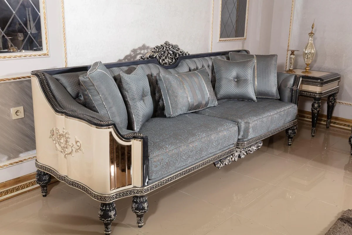 Luxury Baroque Sofa Light Blue / Beige / Black / Gold - Magnificent Living Room Sofa with Elegant Pattern - Baroque Living Room & Hotel Furniture - Noble & Magnificent