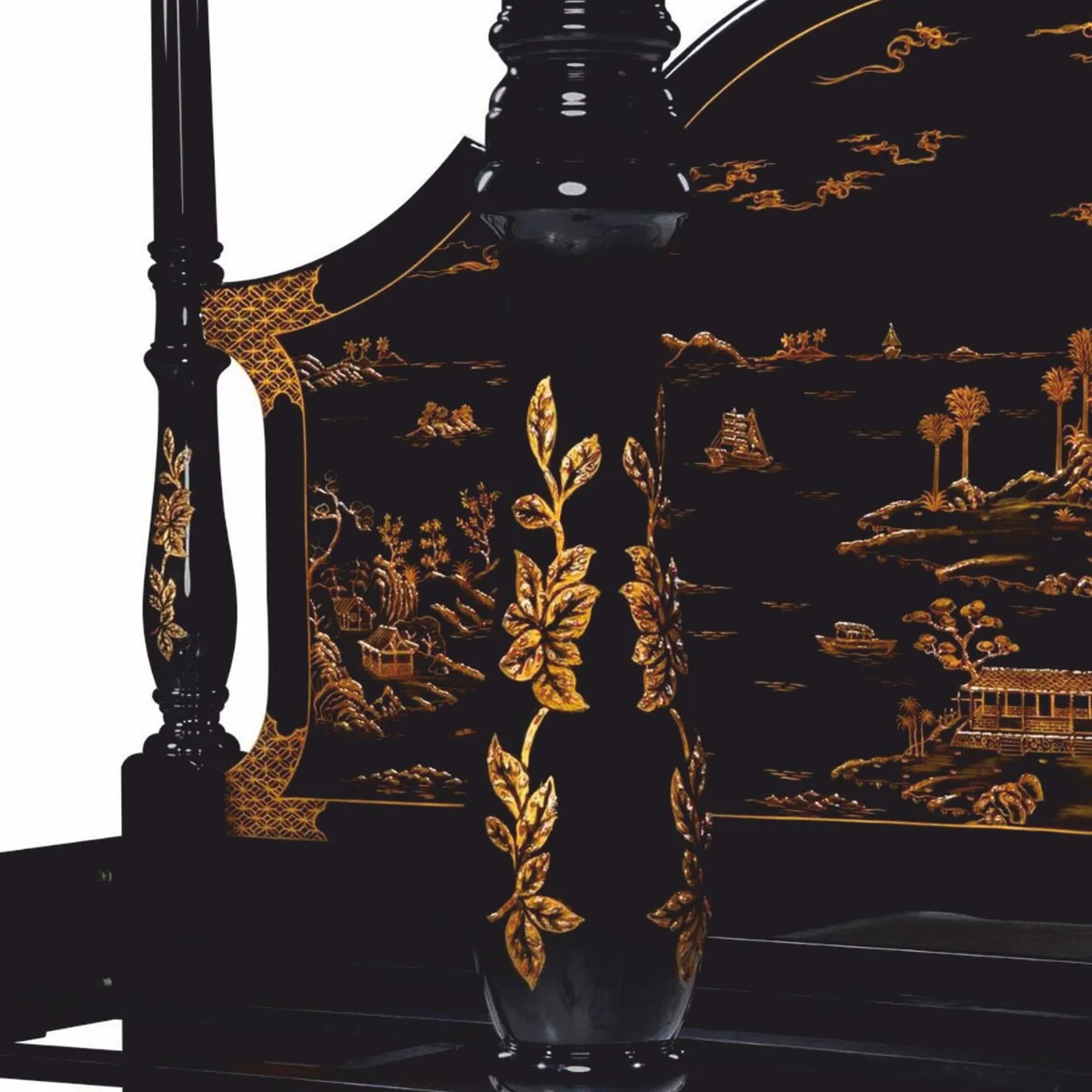 Luxury Baroque Chinese Style Four Poster Bed Black/Gold - Bedroom Furniture