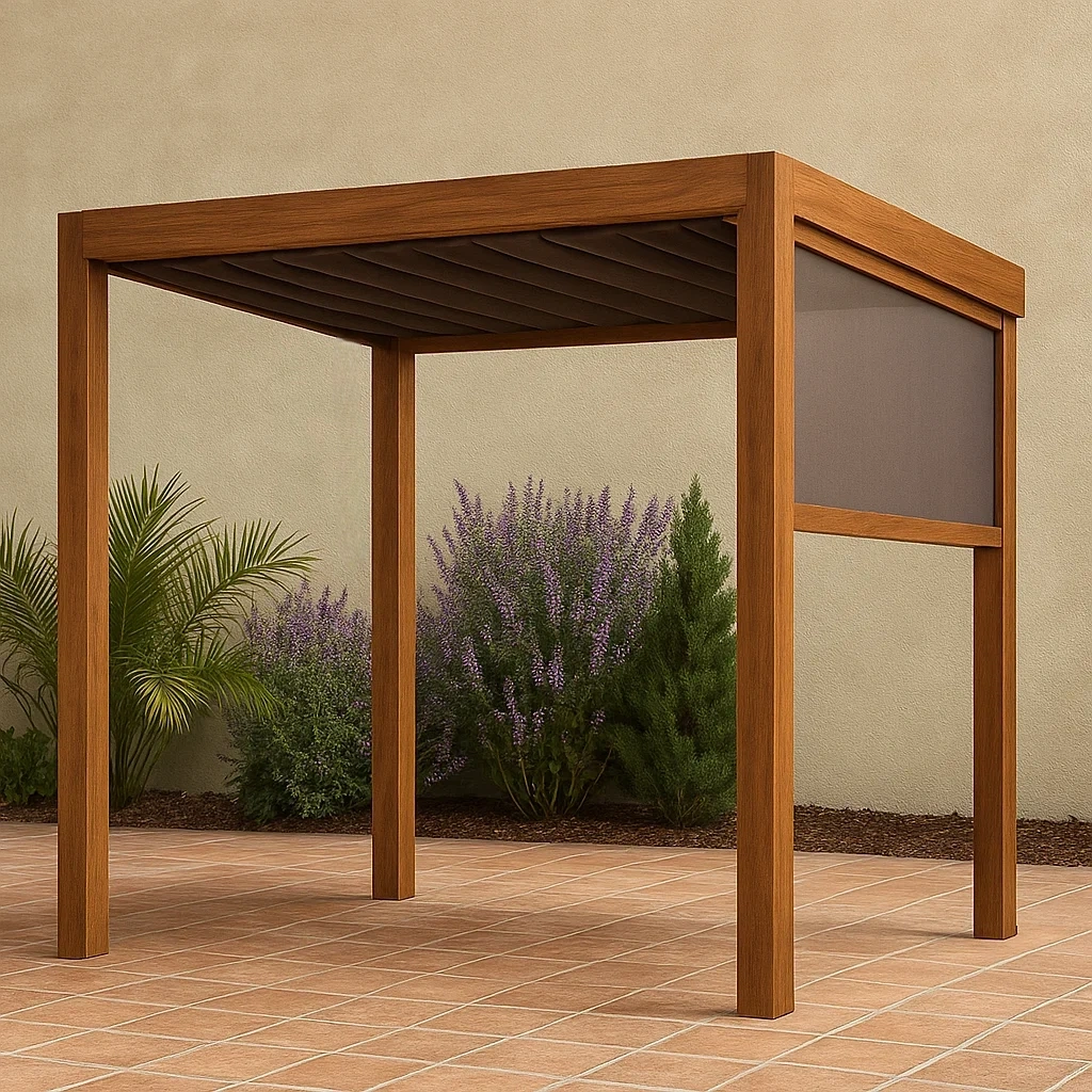 Pergola aus Naturholz mit seitlichen Stoffpaneelen, Festmontage, 300 x 250 x 250 cm, für Garten oder Terrasse - wp3fdniRkxD1