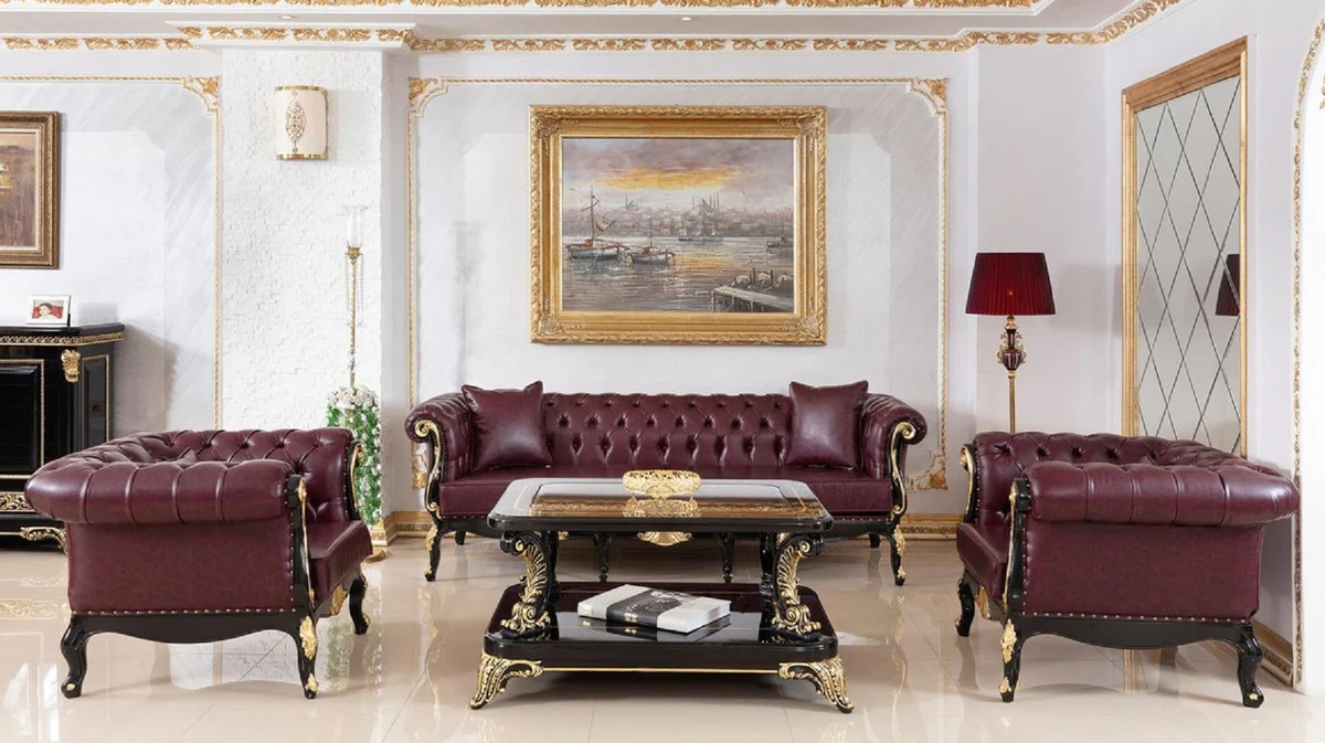 Luxury Baroque Chesterfield Leather Sofa Bordeaux Red / Black / Gold - Magnificent Living Room Real Leather Sofa - Baroque Chesterfield Leather Furniture - Luxury Furniture in Baroque Style