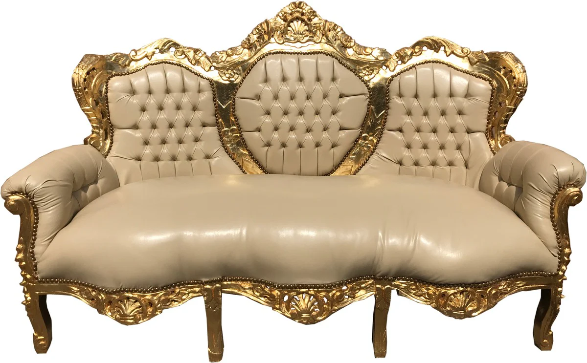 Baroque 3 Seater Sofa King Cream Leather Look / Gold - Living Room Couch Furniture Lounge