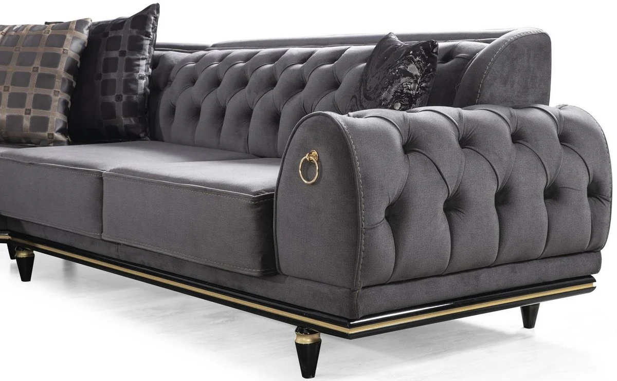 Luxury Art Deco Chesterfield corner sofa gray / black / gold 320 x 285 x H. 82 cm - Elegant living room sofa with decorative cushions - Luxury quality