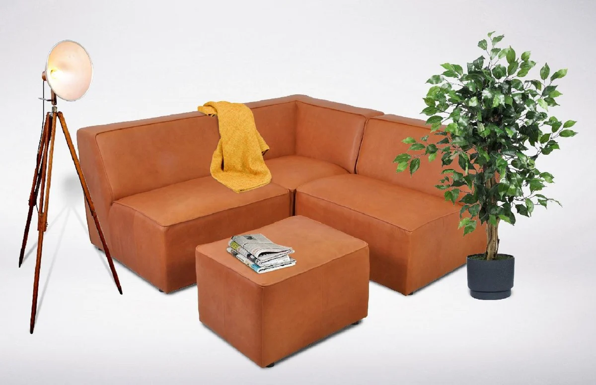 Modular luxury faux leather corner sofa with stool brown