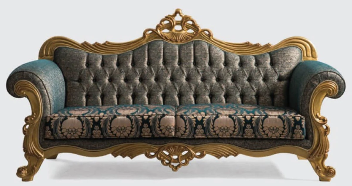 Luxury Baroque Sofa Green / Gold 240 x 90 x H. 125 cm - Handmade Living Room Sofa with Elegant Pattern - Baroque Living Room Furniture - Noble & Magnificent