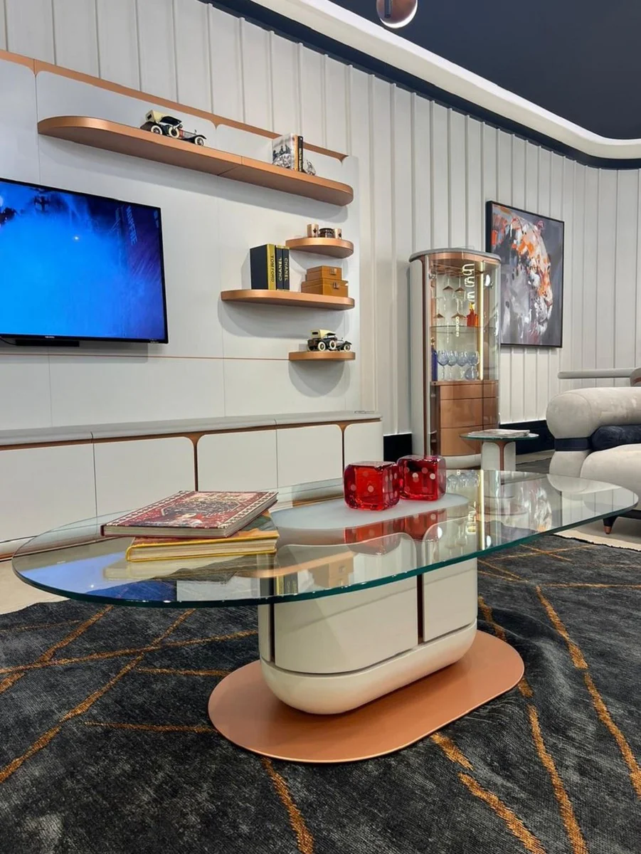 Luxury coffee table white / copper 150 x 80 x H. 40 cm - Living room table with glass top - Living room furniture - Hotel furniture - Luxury furniture - Luxury furnishings