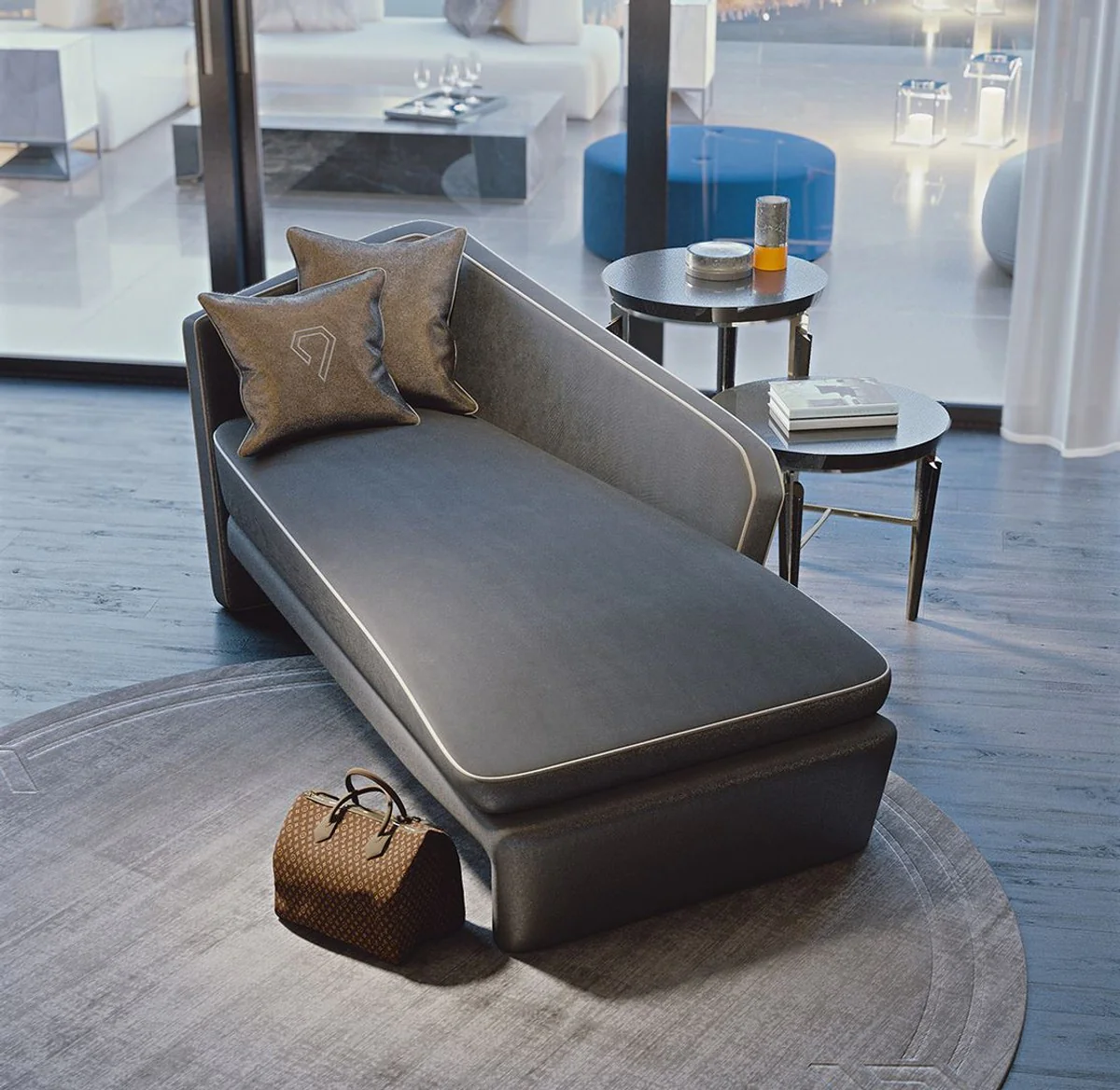 Luxury Hotel Chaise Longue Gray / White 178 x 98 x H. 80 cm - Solid Wood Recamiere - Hotel Furniture - Luxury Quality - Made in Italy