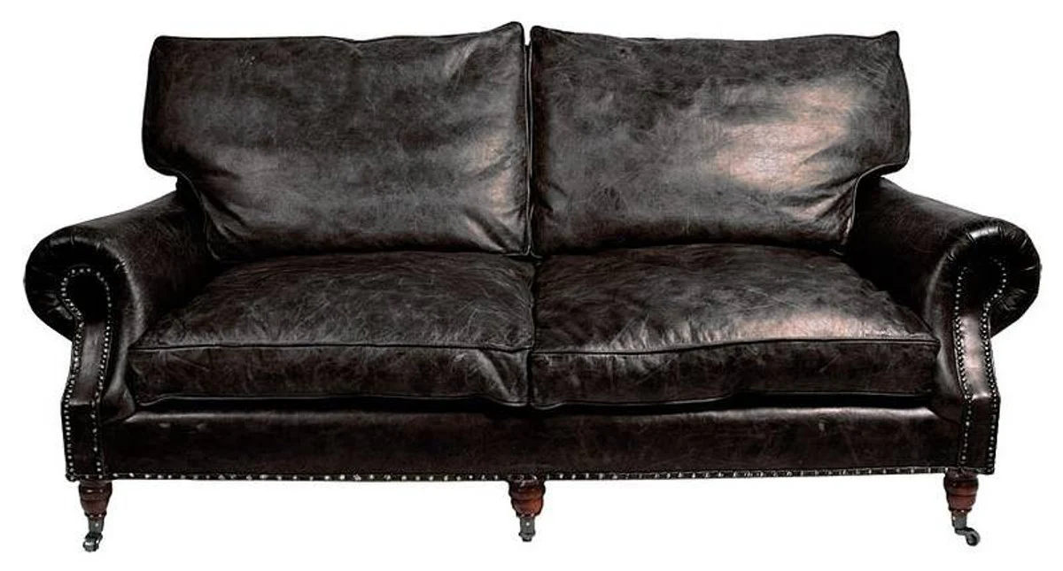 Luxury Real Leather Sofa Vintage Leather 3 Seater Black Art Deco
