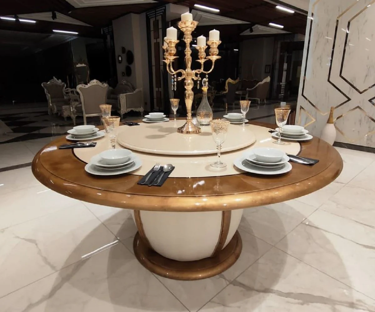 Luxury baroque dining table cream / gold - round solid wood dining room table with rotating middle section - elegant baroque hotel & restaurant furniture