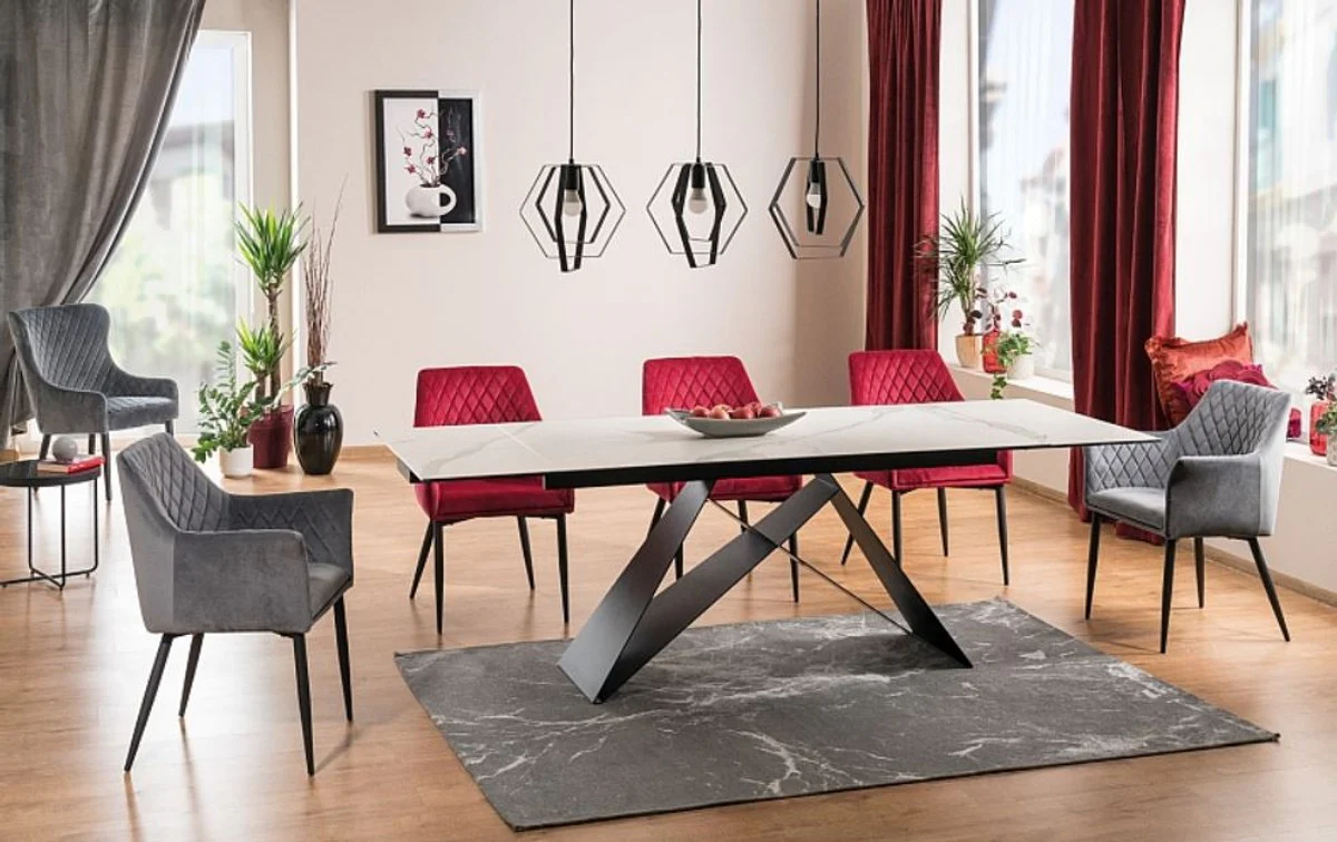 Designer dining table white / matt black 160-240 x 90 x H. 76 cm - Extendable dining room table with table top in marble look - Dining room furniture