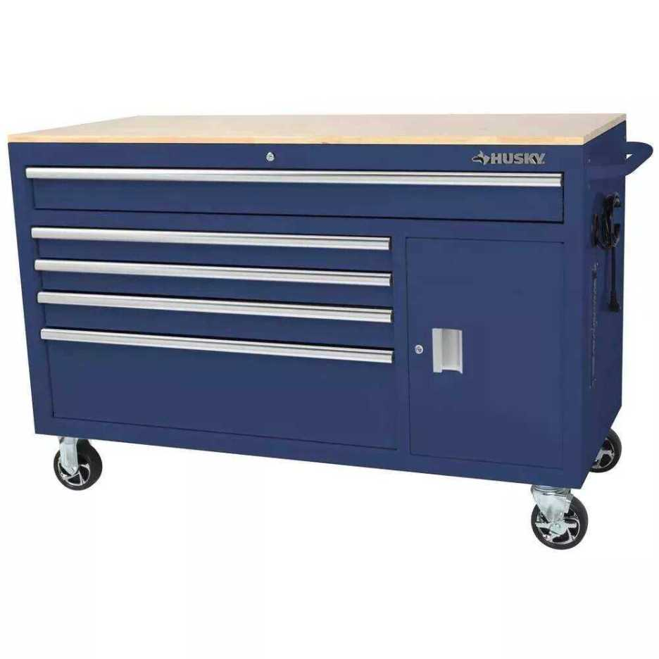 56 IN W 5-DRAWER 1-DOOR, DEEP TOOL CHEST MOBILE WORKBENCH IN GLOSS BLUE MIT HARDWOOD TOP