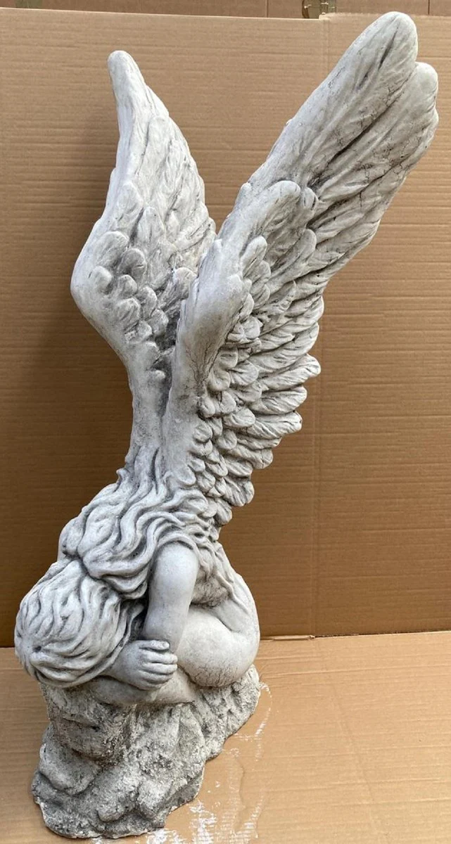 Barock Deko Skulptur Frau mit Flügel Weiß / Grau 56 x 63 x H. 110 cm - Garten Deko Stein Figur - Barock Garten & Terrassen Deko Accessoires