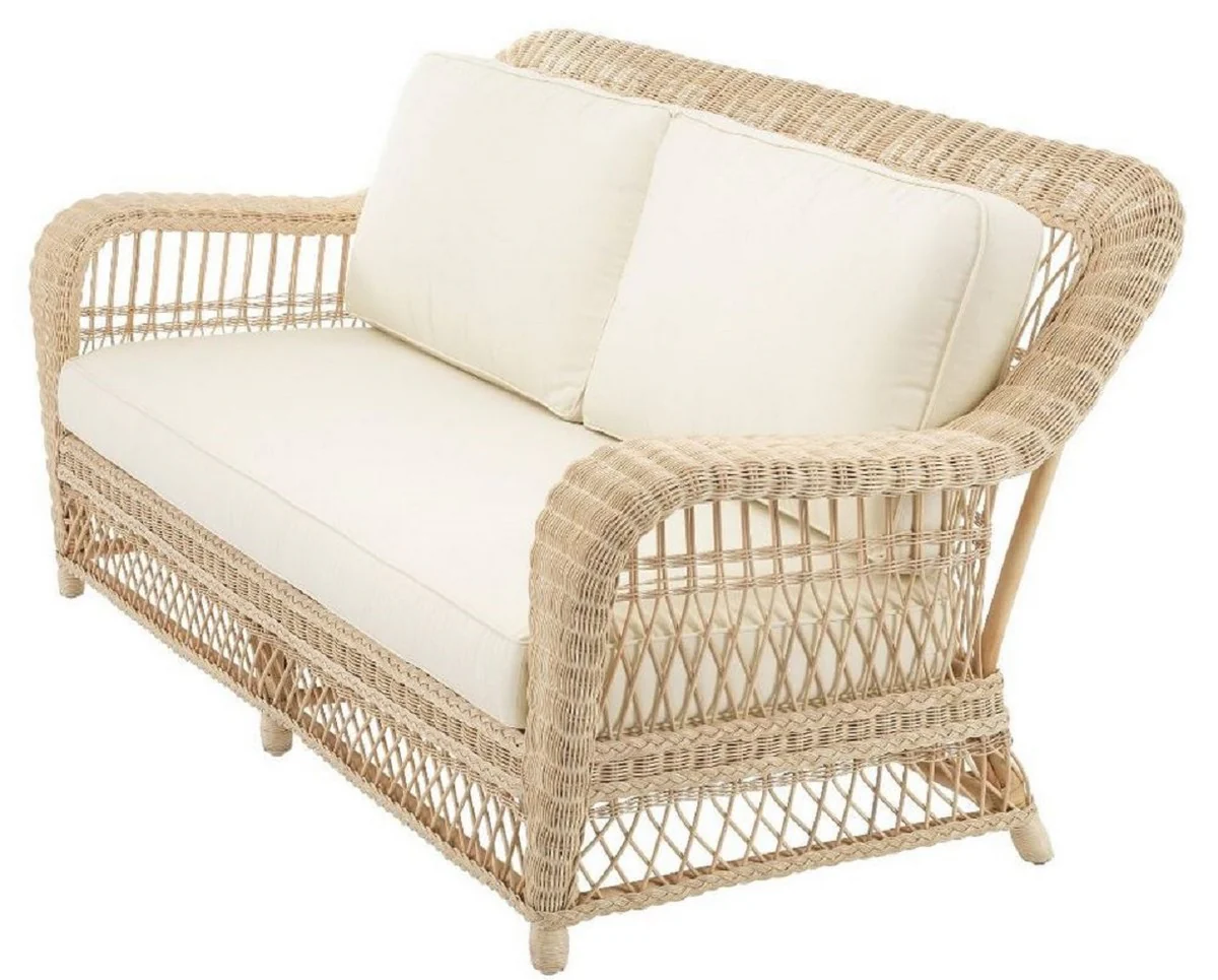 Luxury living room sofa with cushions natural / cream 202 x 99 x H. 97 cm - Upholstered couch with hand-woven rattan weave