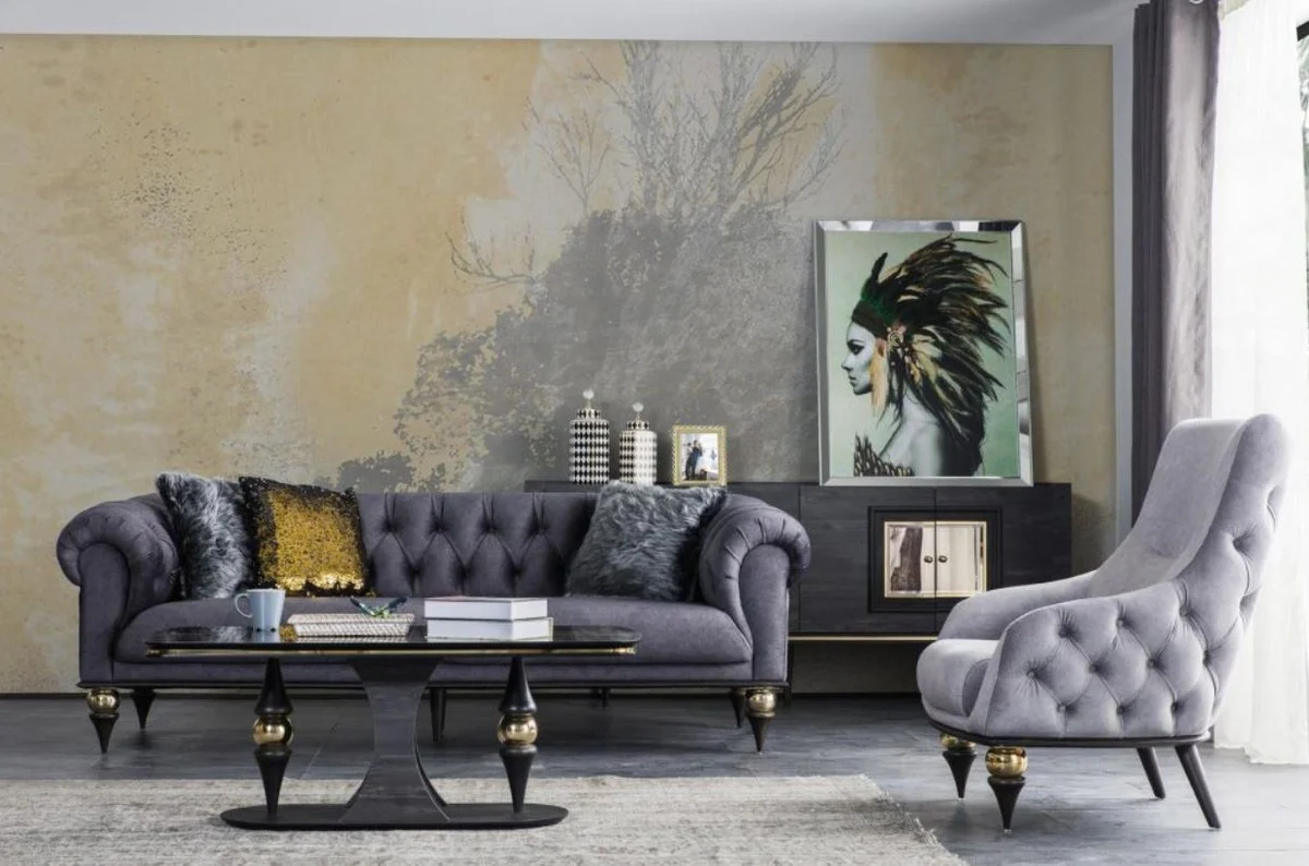 Luxury Art Deco Chesterfield living room sofa dark gray / black / brass 230 x 100 x H. 82 cm - Luxury Furniture