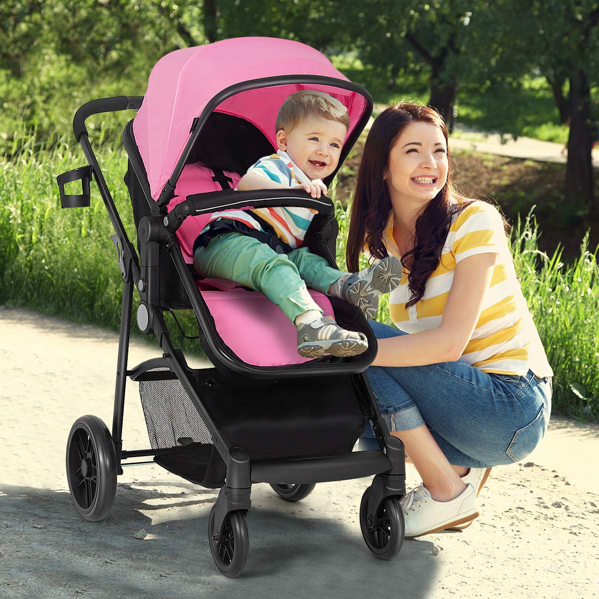 Kinderwagen, umwandelbarer Hochformat-Kinderwagen mit Stubenwagen, verstellbares Verdeck und Rückenlehne, Aufbewahrungskorb, Getränkehalter, faltbarer Kinderwagen für Neugeborene (Rosa)