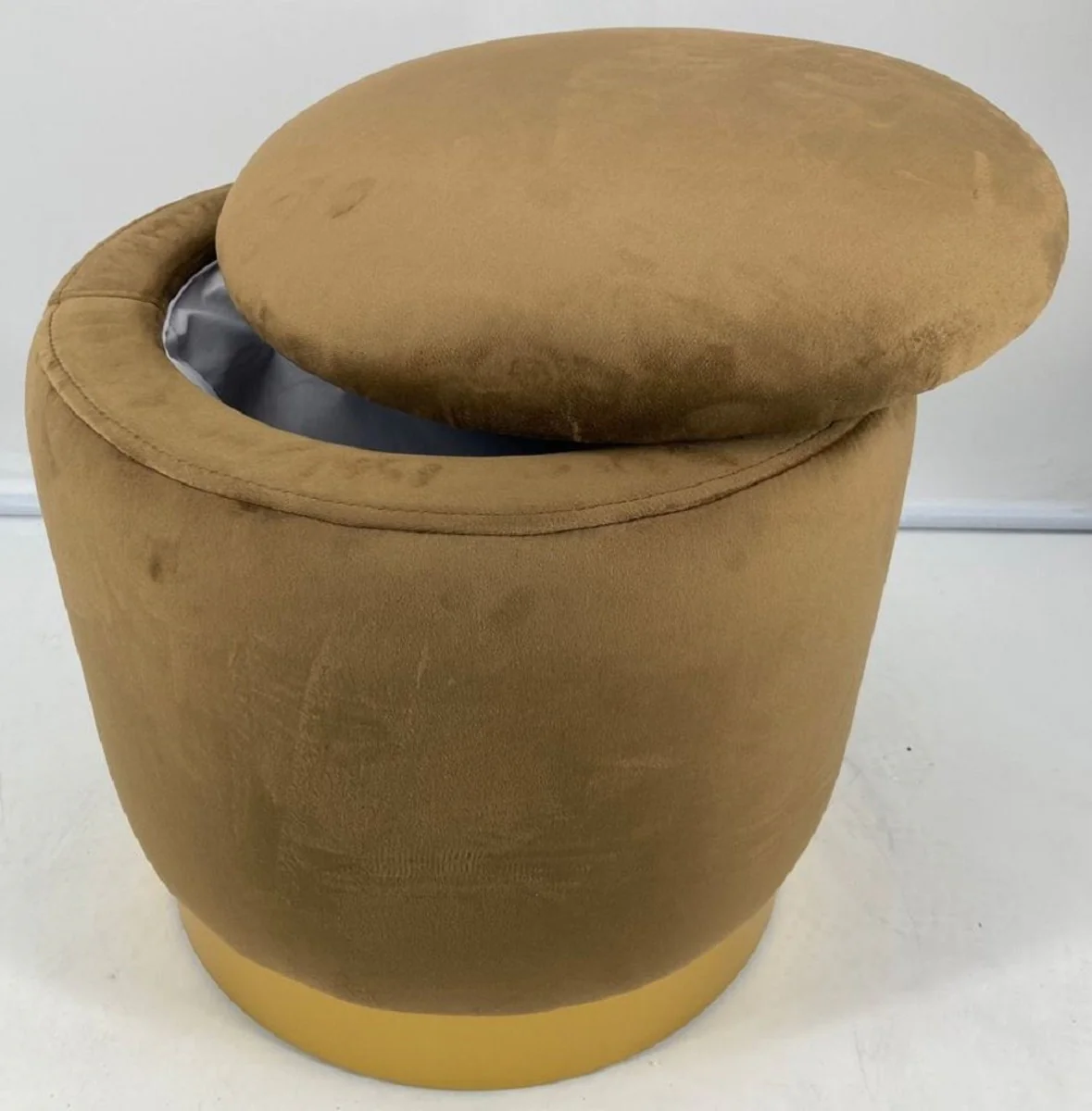 Luxus Sitzhocker Ocker / Gold Ø 41 x H. 43 cm - Runder Samt Hocker mit Deckel und Stauraum - Wohnzimmer Möbel