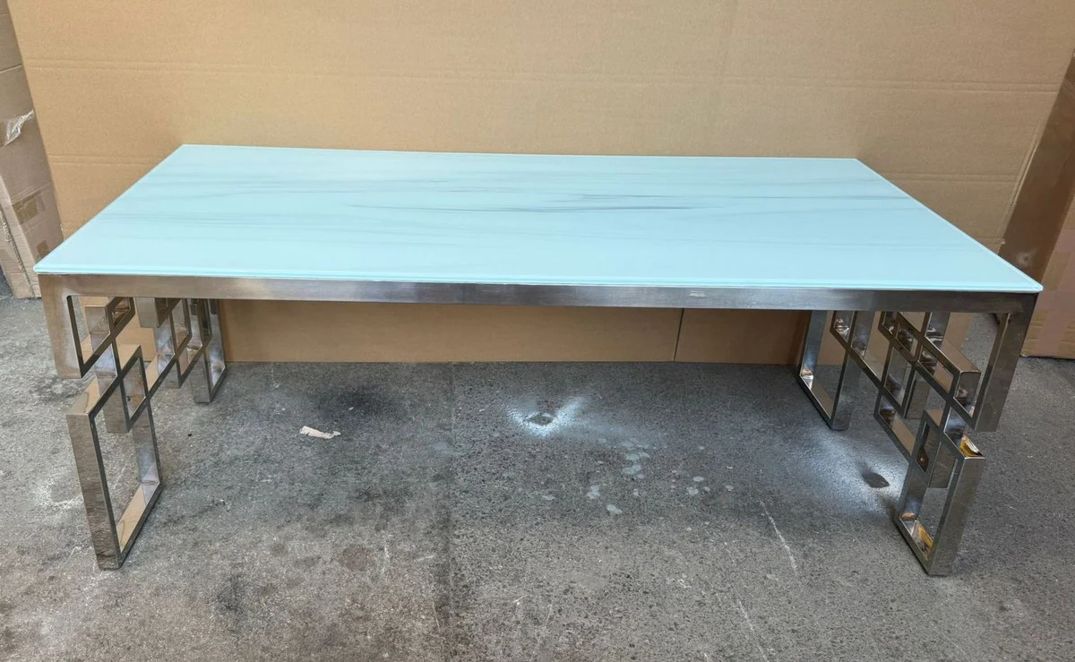 Luxus Edelstahl Couchtisch mit Marmorglas Tischplatte Weiß / Silber 120 cm