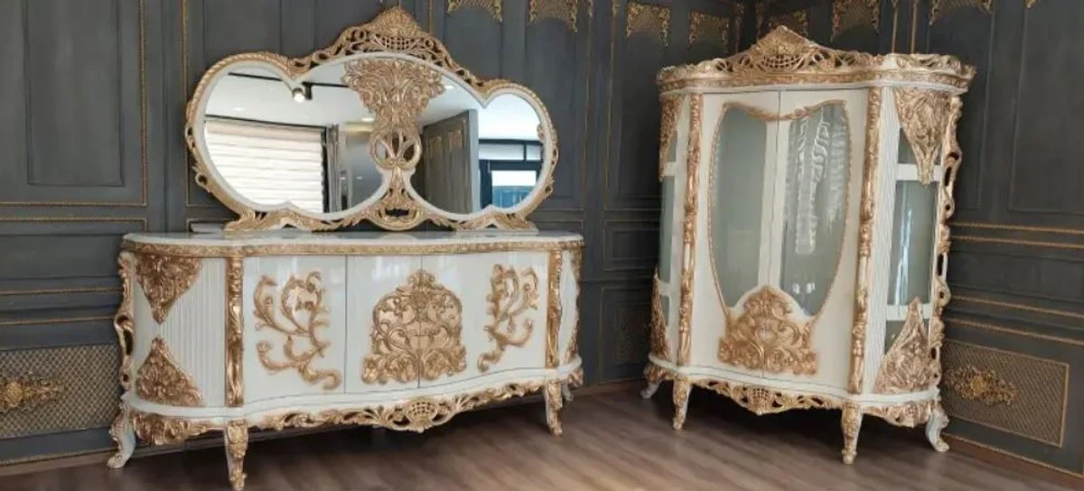 Luxury baroque display cabinet white / gold - magnificent solid wood display cabinet with 2 glass doors - handmade baroque furniture