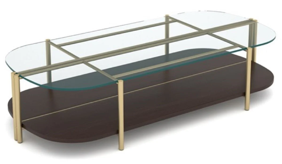 Luxury coffee table dark brown / brass 155 x 75 x H. 35 cm - Living room table with glass top - Living room furniture - Hotel furniture - Luxury furniture - Luxury furnishings