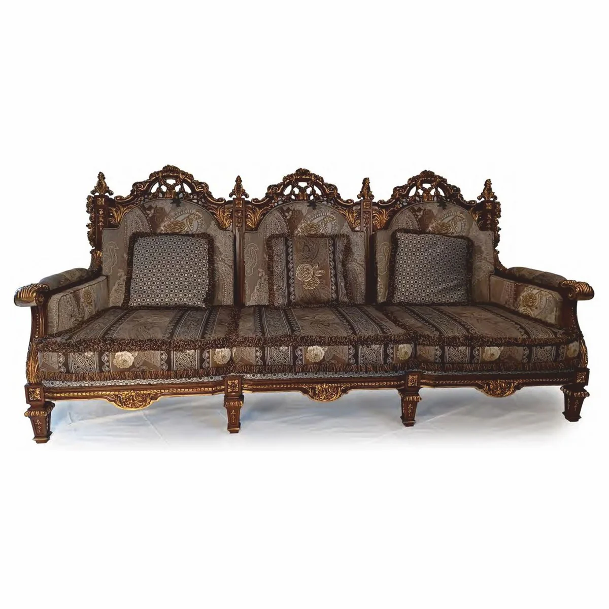 Luxus Barock Sofa mit Kissen Grau / Braun / Gold 249 cm - Made in Italy
