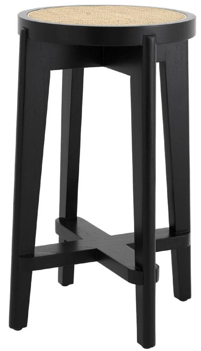 Luxury bar stool black / natural color Ø 44 x H. 67 cm - round solid wood bar chair - bar furniture