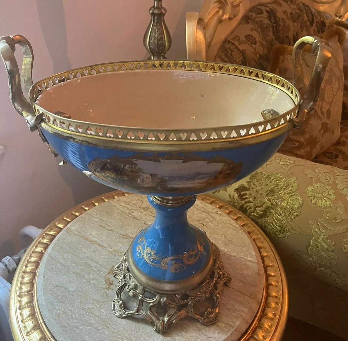 Jugendstil Porzellan Schüssel Blau / Bunt / Messing H. 40 cm