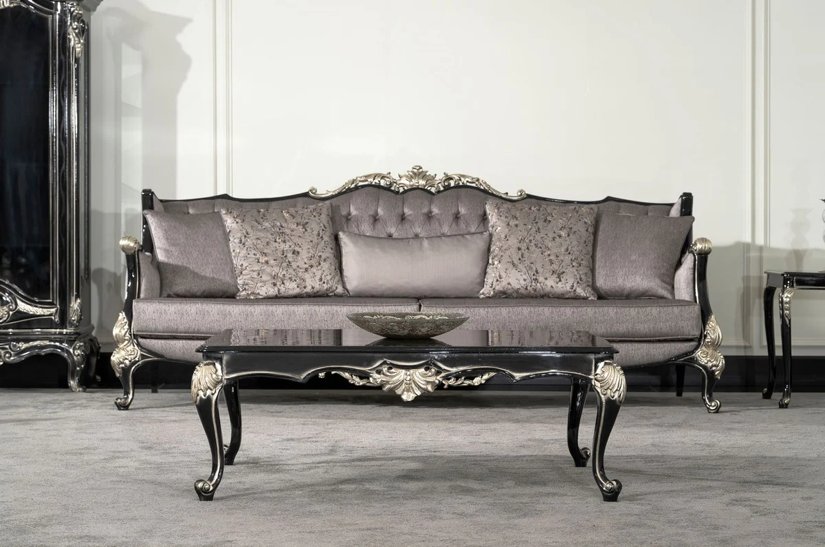 Luxury Baroque Living Room Sofa Silver / Black / Silver - Magnificent Baroque Style Sofa with Decorative Pillows - Luxury Living Room Furniture in Baroque Style - Baroque Furniture