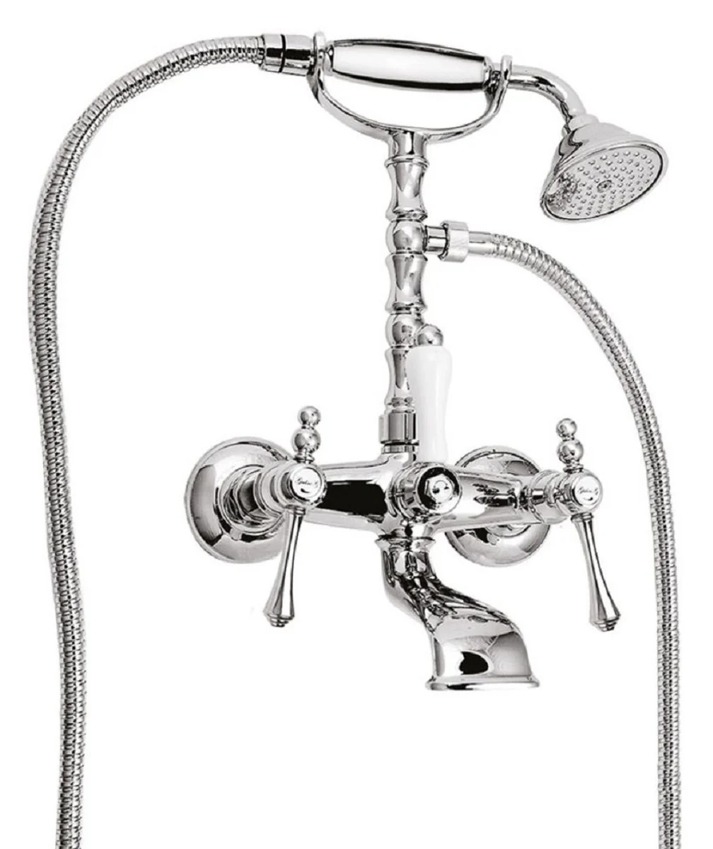 Art Nouveau bathtub fitting with shower head silver / white H. 35.5 cm - Nostalgic bathroom accessories - First-class quality - Made in Italy