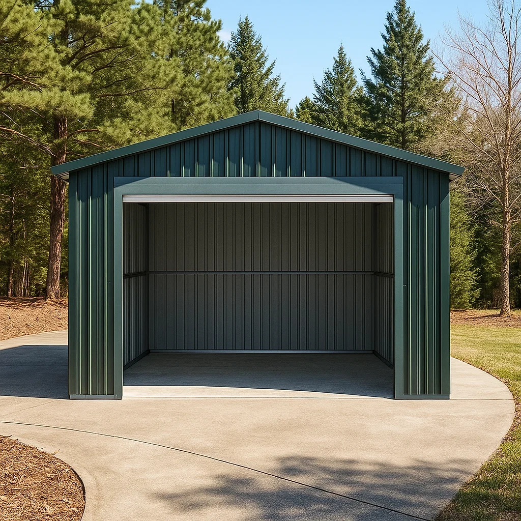 Rechteckige Einzelgarage, grünes Metall, Satteldach, freistehend, mit Verankerungen, 550x320x280 cm für PKW - mtp20evgNo77