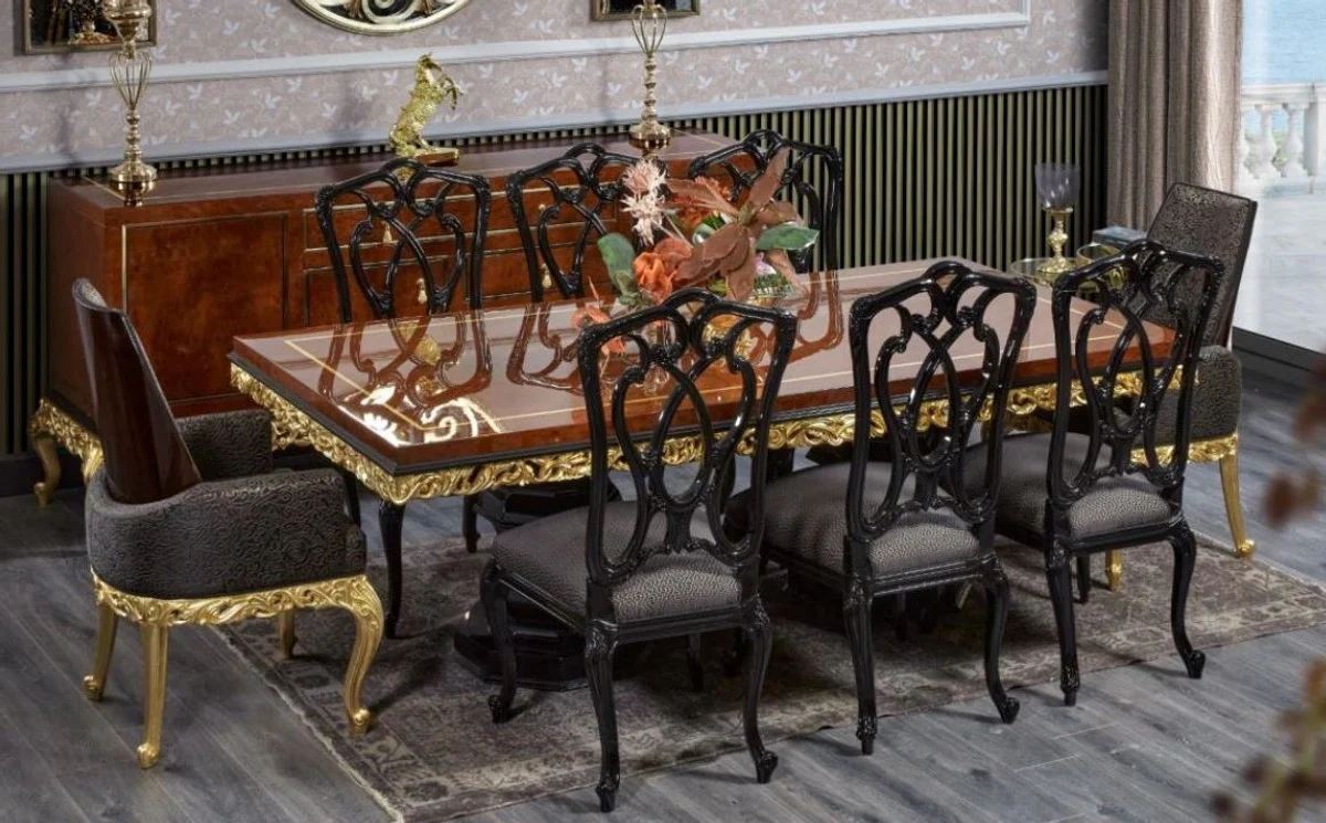 Luxury Baroque Dining Room Set Brown / Black / Gold - 1 Baroque Dining Table & 8 Baroque Dining Chairs - Luxury Dining Room Furniture in Baroque Style - Baroque Furniture - Noble & Magnificent