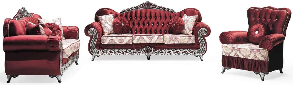 Luxury Baroque 2-seater sofa Bordeaux red / cream / silver - magnificent living room sofa with pattern and glittering stones - living room furniture in baroque style - baroque furniture - noble & magnificent