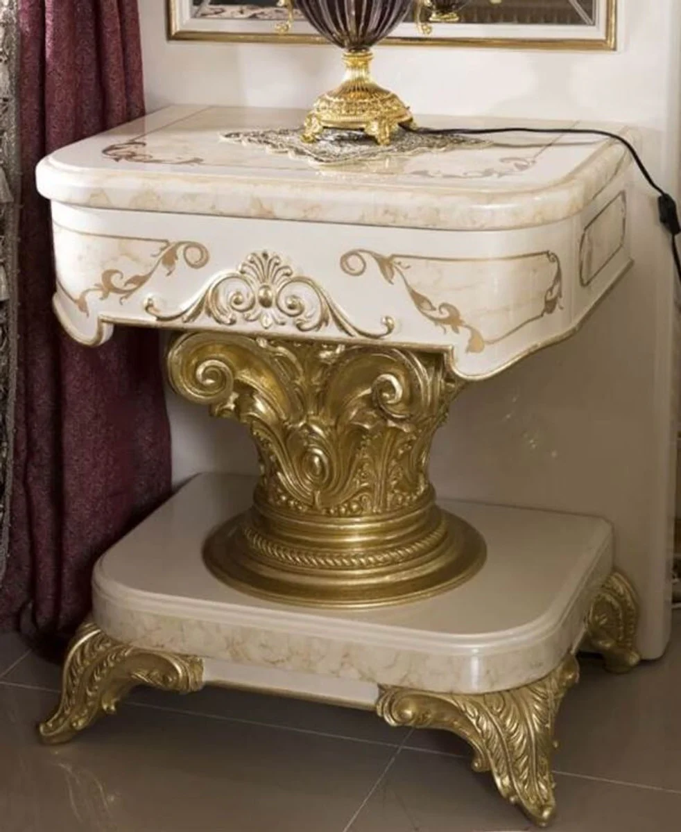 Luxury Baroque Nightstand White / Beige / Gold - Handmade Baroque Bedside Table with Drawer - Baroque Bedroom Furniture