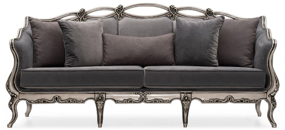Luxury Baroque Living Room Sofa Gray / Silver - Handmade Baroque Style Sofa with Decorative Pillows - Luxury Living Room Furniture in Baroque Style - Baroque Furniture - Noble & Magnificent