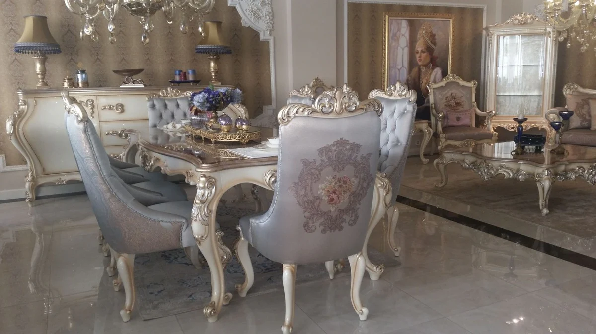 Luxury Baroque Dining Room Set Silver / Cream / Gold - 1 Dining Table & 6 Dining Chairs - Handcrafted Dining Room Furniture in Baroque Style - Noble & Magnificent